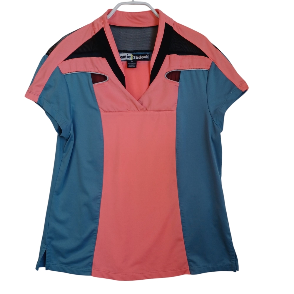 Jamie Sadock Womens Colorblock Mesh Cutout Golf Polo Shirt Pink Blue Medium - Picture 9 of 9